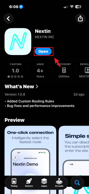 App Store 里 Nextin 的页面，Open 按钮被红框标出，版本 1.0.8