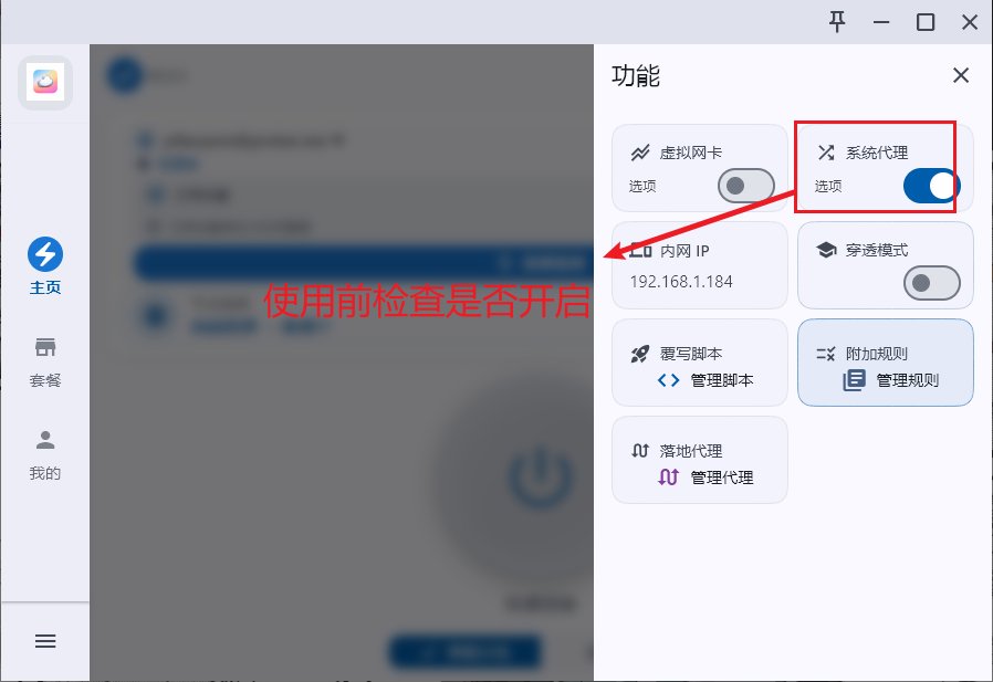 功能面板，系统代理开关被红框标出，旁边还有虚拟网卡、穿透模式等选项